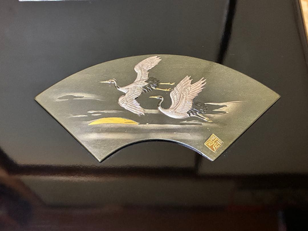 漆器 重箱 銀細工 富士山と鶴の絵柄 文箱 三越謹製 作家物 共箱