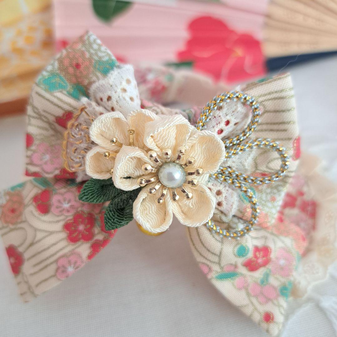 うささ、和風つまみ細工(クリーム)わんちゃん猫ちゃん用襟付き首輪