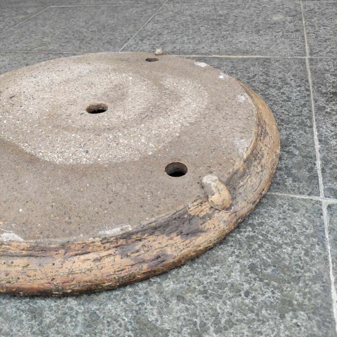 義村秀峰の盆栽鉢、山野草鉢、年代物、常滑焼、丸形皿鉢、和鉢、古鉢、民芸工芸士