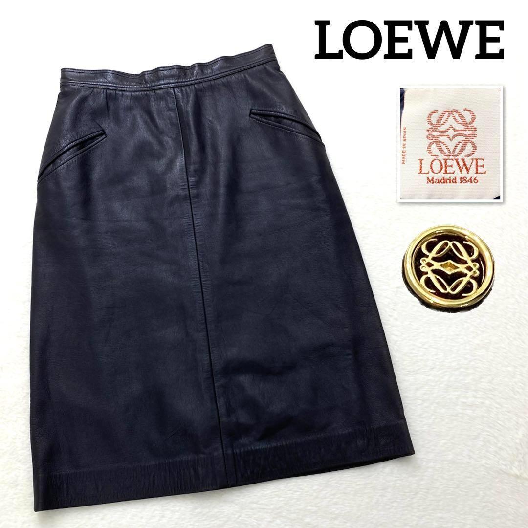 希少✨ロエベ　ラムレザー　スカート　M　シャドーロゴ　金ボタン　アナグラム　黒