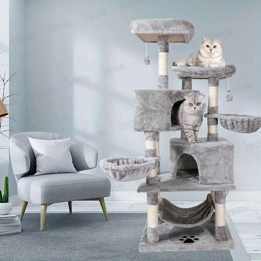キャットタワー 大型 中型 猫 多頭飼い 据え置き 高さ145cm グレー