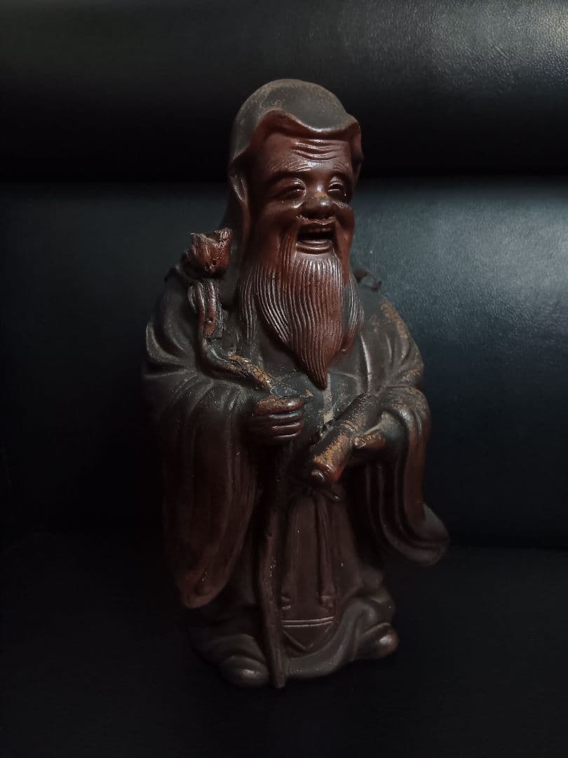 【大型 26cm】備前焼 七福神 寿老人 陶器 置物 縁起物 骨董品