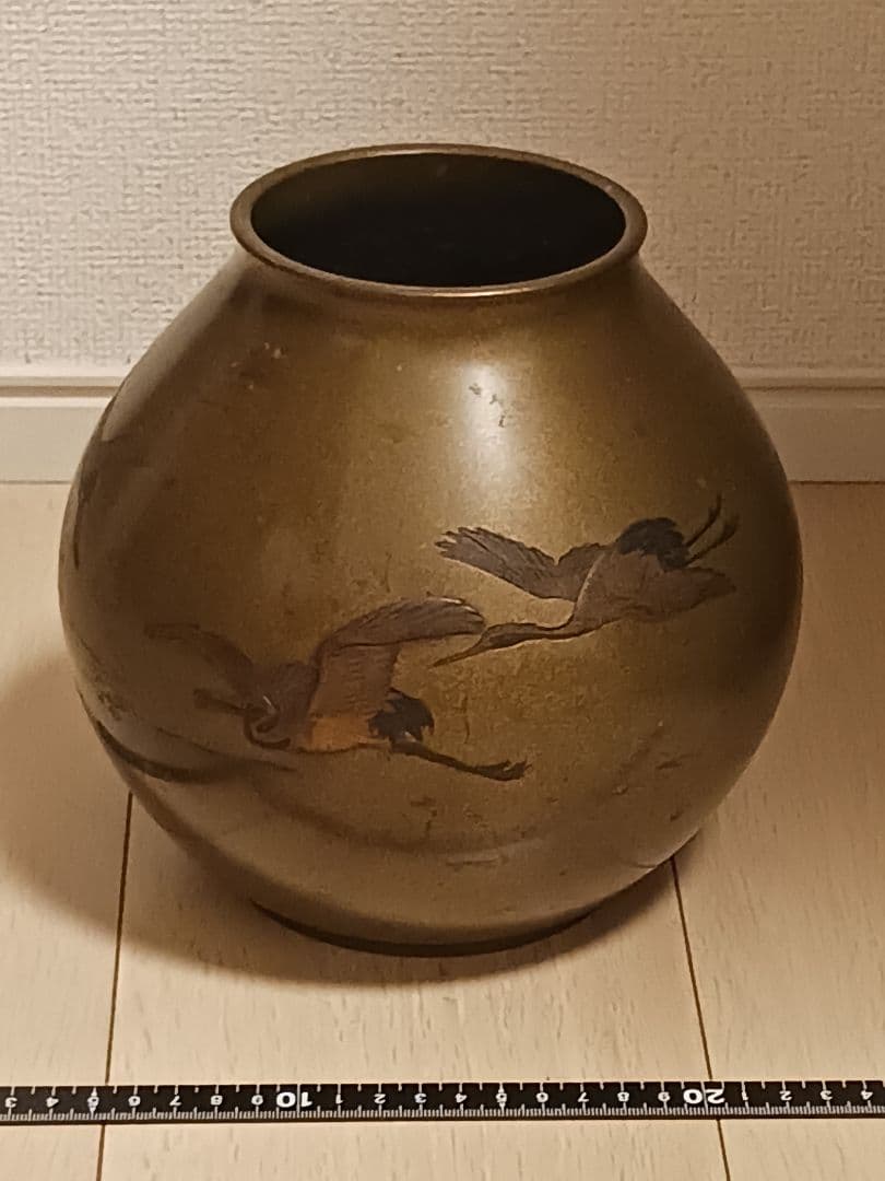旧家　蔵出し　銅製　花瓶　花生　鶴図　銘あり