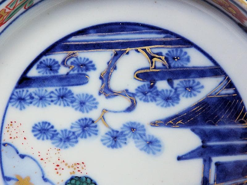 大聖寺伊万里　色絵　松に邸宅の図　縁高４寸皿　５枚　C595AS-BRq