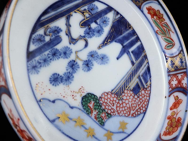 大聖寺伊万里　色絵　松に邸宅の図　縁高４寸皿　５枚　C595AS-BRq