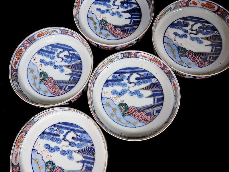 大聖寺伊万里　色絵　松に邸宅の図　縁高４寸皿　５枚　C595AS-BRq