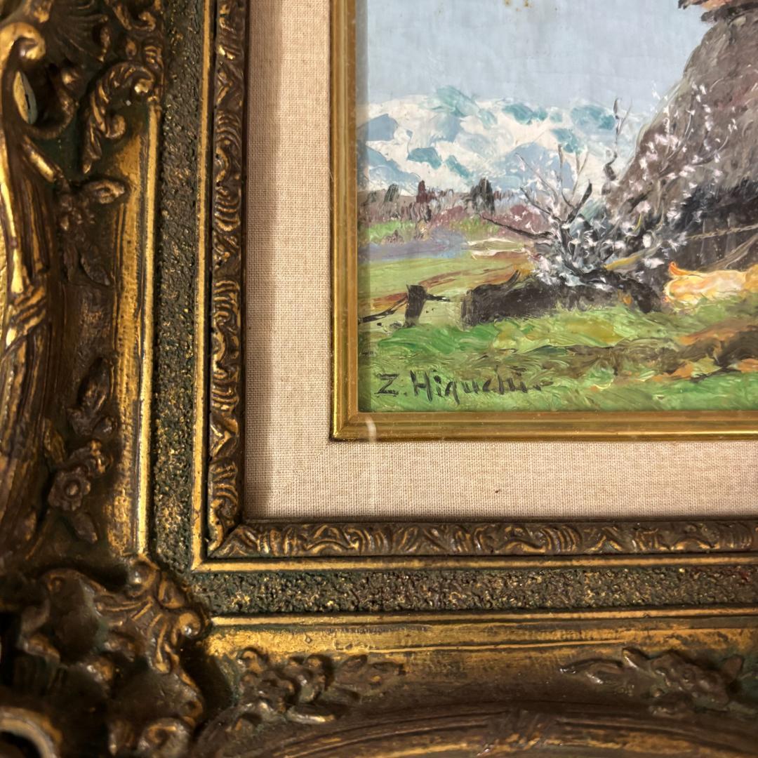 「真作」樋口 善一『戸隠の春』 風景画　油絵　絵画　油彩画　額装