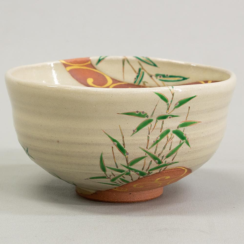 京焼 平安 中村秋峰 茶碗 光琳水露笹絵 美品 共箱 茶道具 抹茶碗 平茶碗