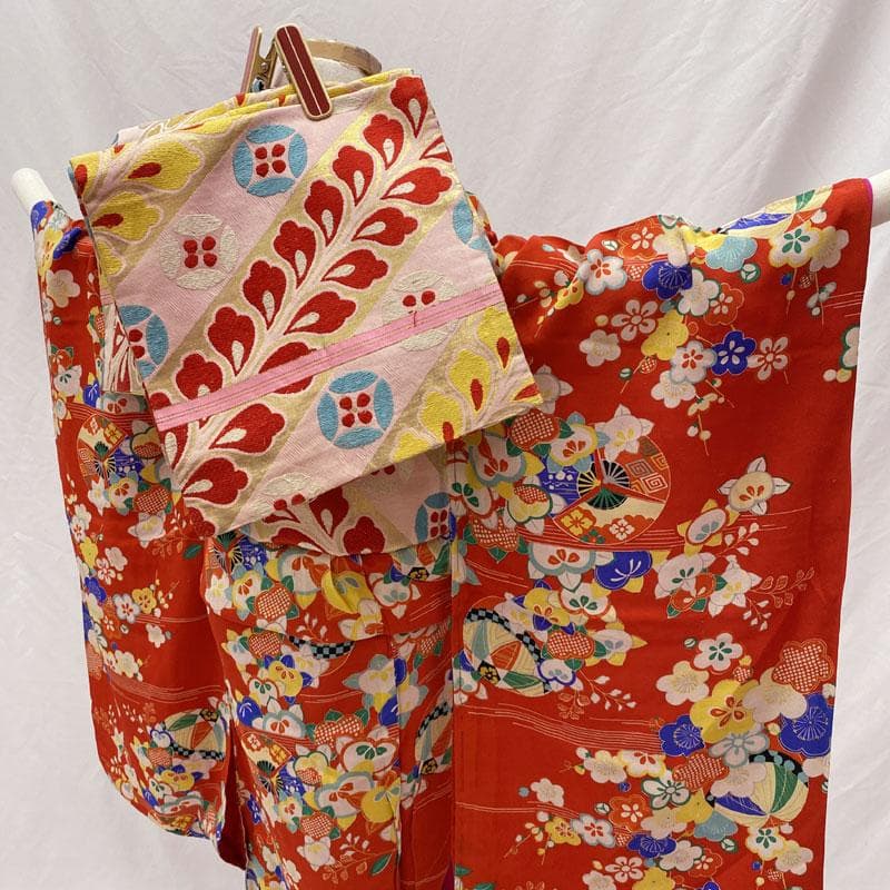 502ag46, 帯締め帯揚げしごき◎七五三 七歳 アンティーク 着物&丸帯◎