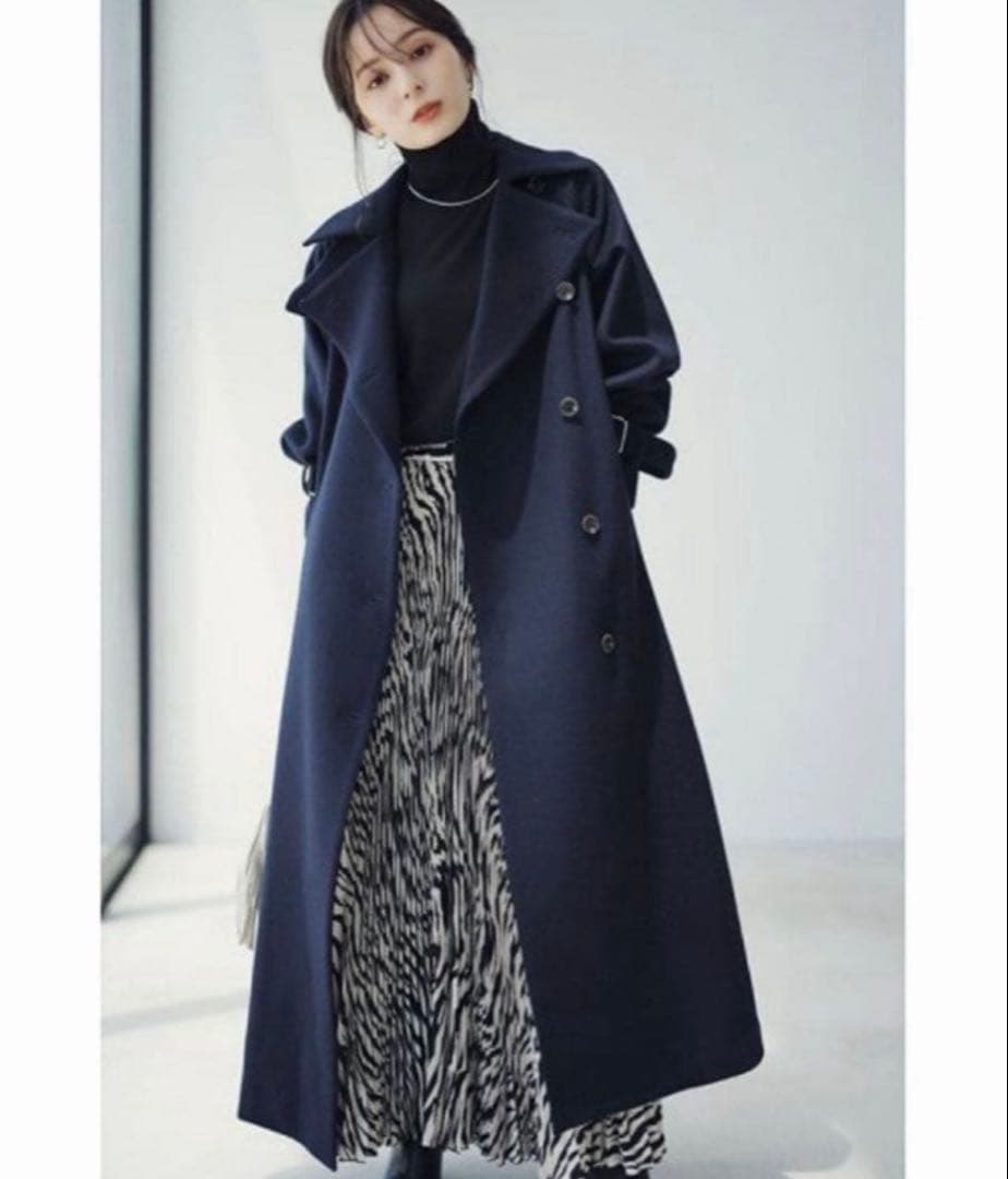 【ベルト無】anuans アニュアンス　ウールロングトレンチコート ネイビー