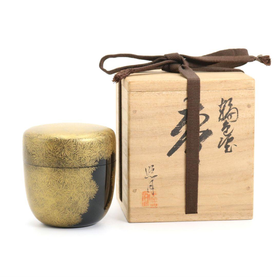 照月作 輪島塗 しのぶ文 沈金 中棗 茶道具 共箱共布　V939