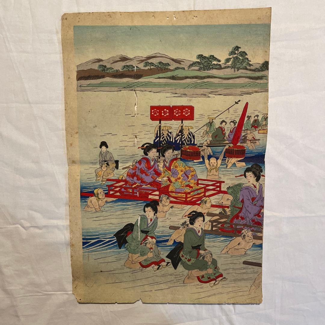 東洲勝月 作「観古 東錦 幕府道中川越之図 」錦絵三枚続3枚、明治22年7月