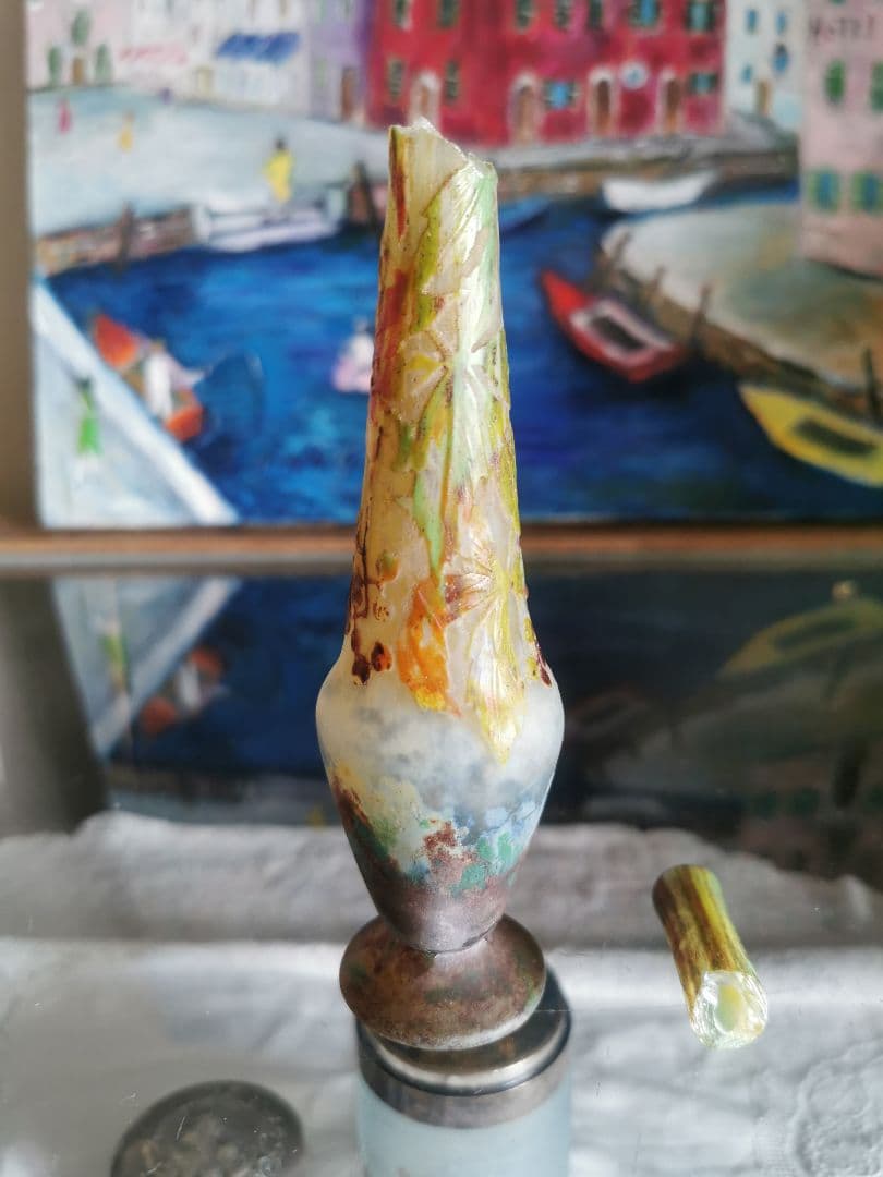 アンティークドームナンシー 木の実 色被せガラス 異色熔込花瓶 パートドヴェール