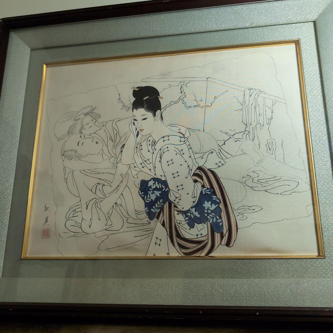 淡い色合いの日本画 人物画　浮世絵ベース　額装