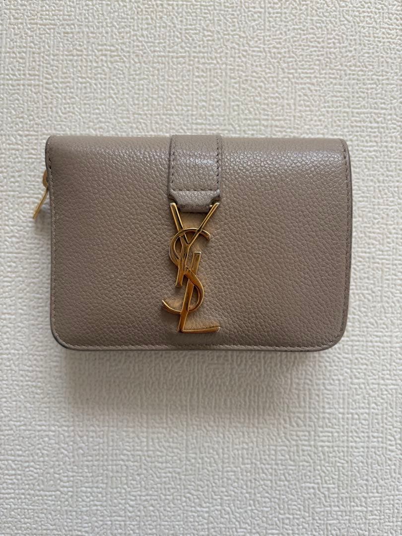 サンローラン　グレージュ　レザー 二つ折り財布