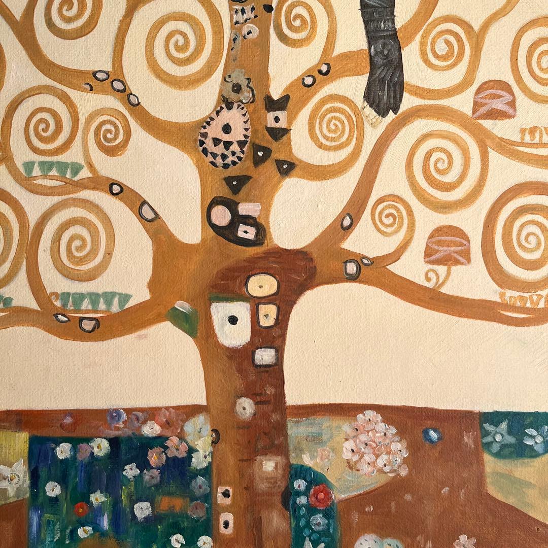 ★秀作★手書き油絵 クリムト 生命の木 （大）額付き 絵画 インテリア 油彩画