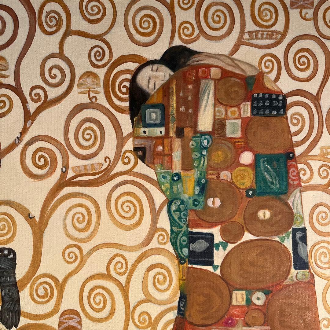 ★秀作★手書き油絵 クリムト 生命の木 （大）額付き 絵画 インテリア 油彩画