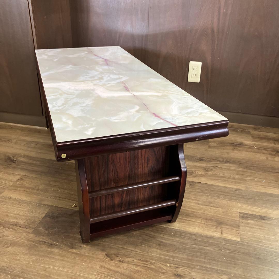 C-4アンティーク センターテーブル 大理石柄天板 マガジンラック付ローテーブル