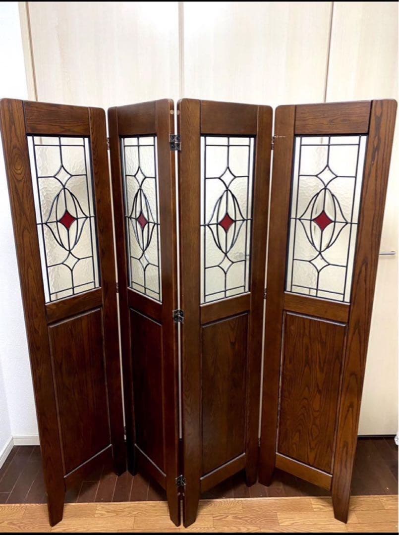 最終値下げ　曙工芸製作所　高級ステンドスクリーン　アンティークパーテーション4連