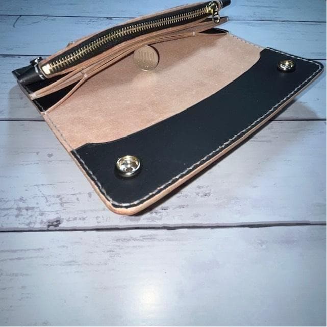 あ、 ロングトラッカーウォレット/姫路レザー茶芯黒色/ステッチ白色