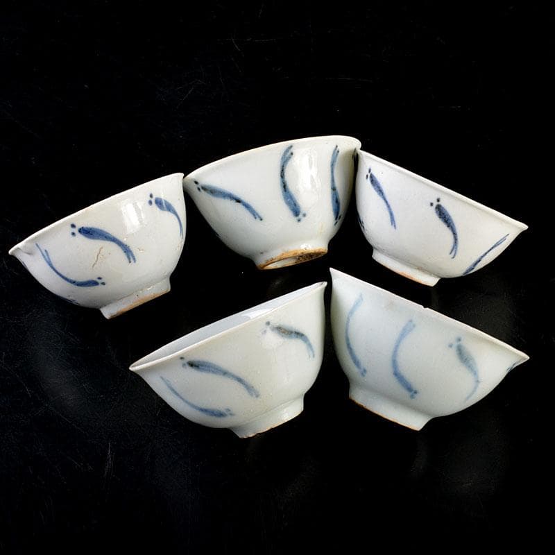 中国　南京染付　青花メダカ文煎茶碗　五客　M　6845