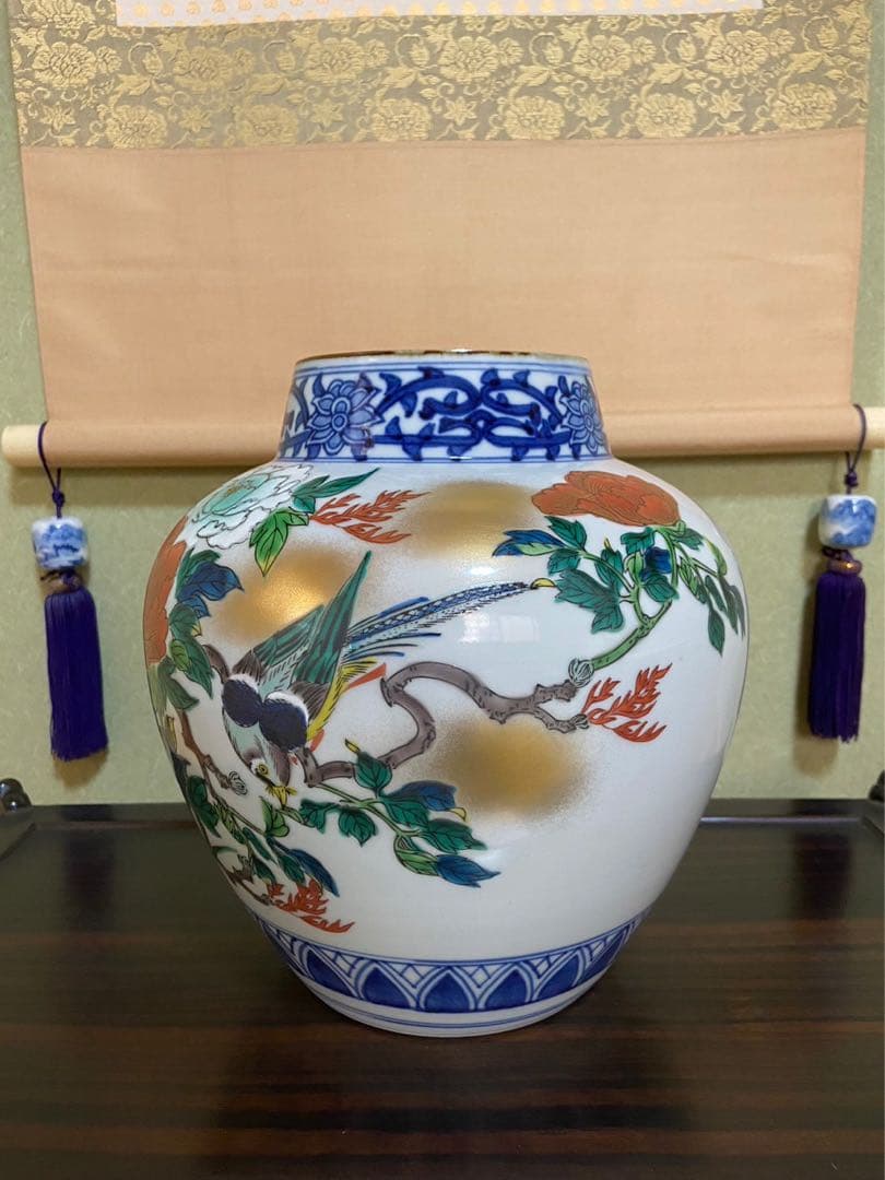 【九谷焼 8号花瓶 牡丹 九谷白峰 松山作】アンティーク 新品 花器 壺 床の間