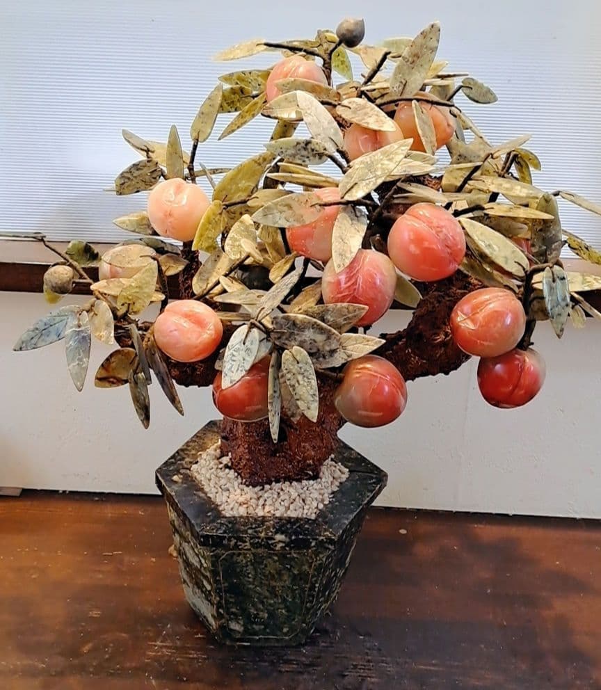 【中国美術品】玉石盆栽 桃の木 翡翠 天然石