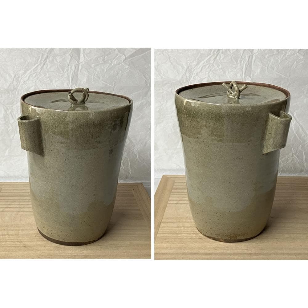 F1408 虫明焼 耳付水指 月に雁 木箱入り 水指 茶道具