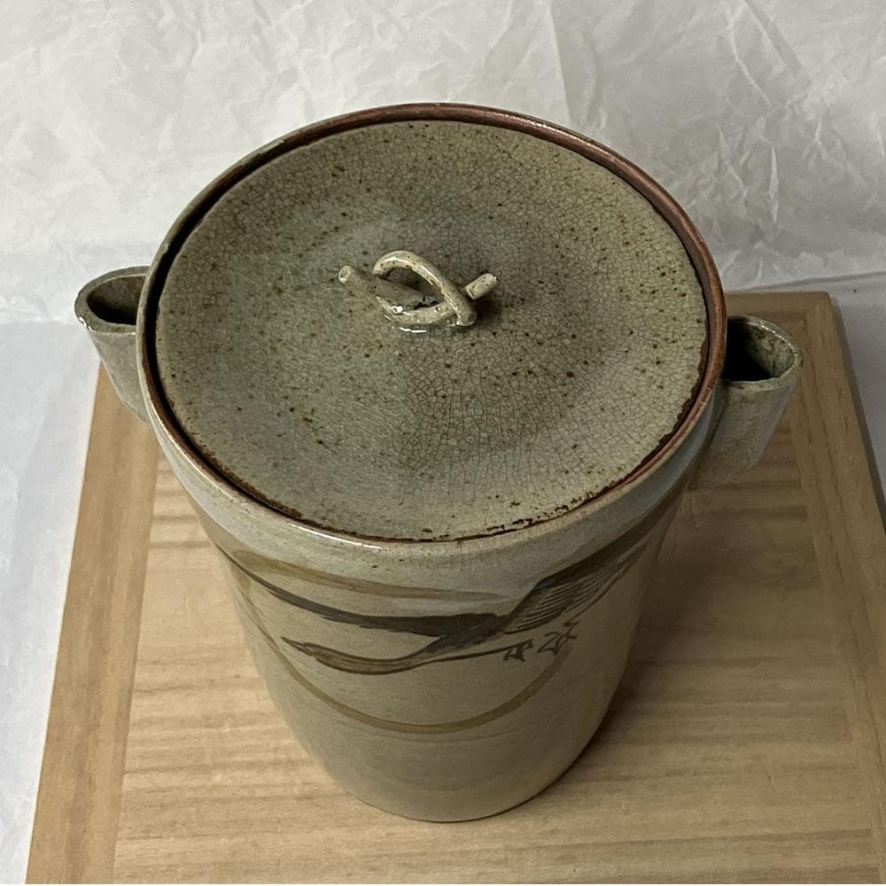 F1408 虫明焼 耳付水指 月に雁 木箱入り 水指 茶道具