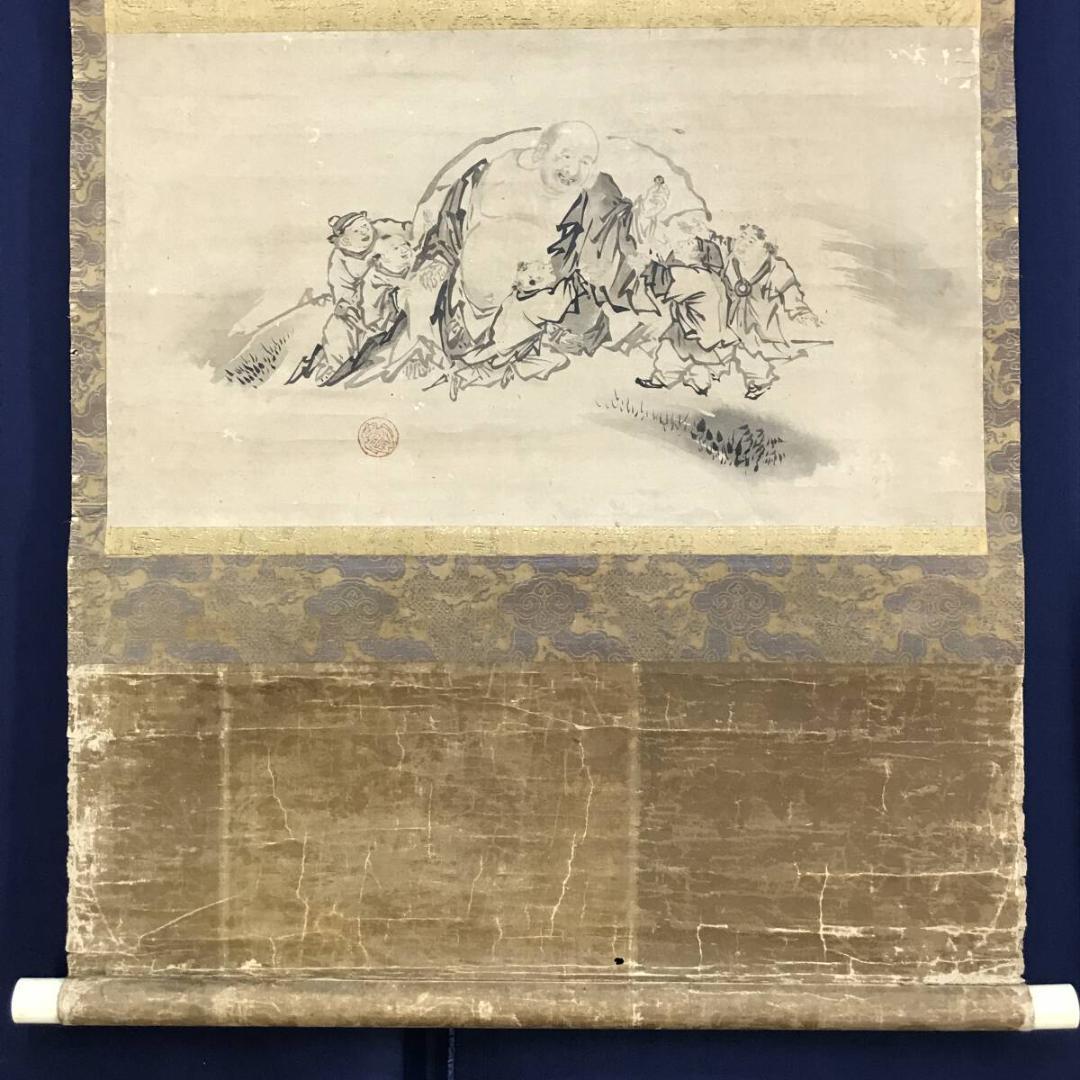 模写/狩野元信/布袋唐子図/福神図/人物図/横物/古画/掛軸☆宝船☆AH-678