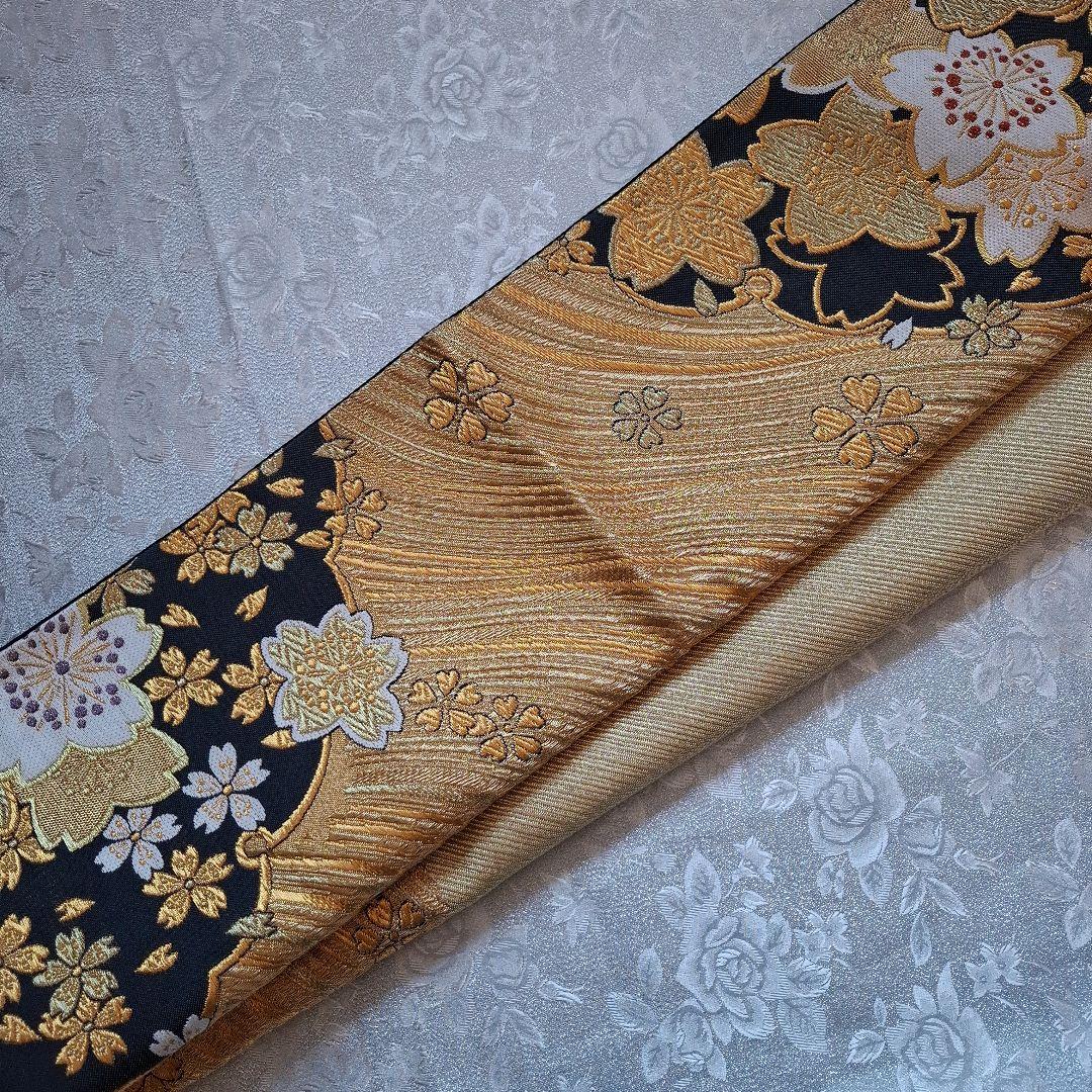 【K759】時短！ニ部式 作り帯 振袖⋅舞台⋅舞踊に　正絹　金&黒　刺繍豪華