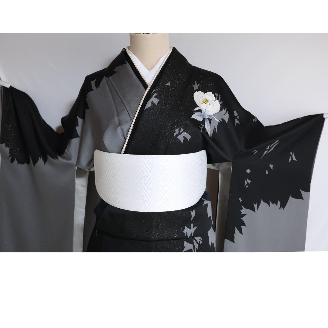 モノトーン系黒グレー■振袖6点セット156.5cm帯新品フルセット成人式GT25