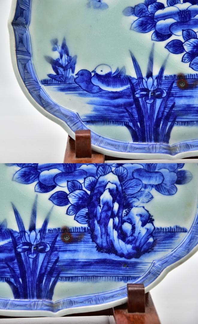 時代年代物 古伊万里 染付 変形皿 花鳥図 仕覆 合わせ箱 有田焼 伊万里焼