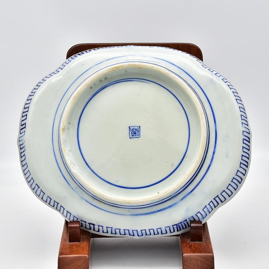 時代年代物 古伊万里 染付 変形皿 花鳥図 仕覆 合わせ箱 有田焼 伊万里焼