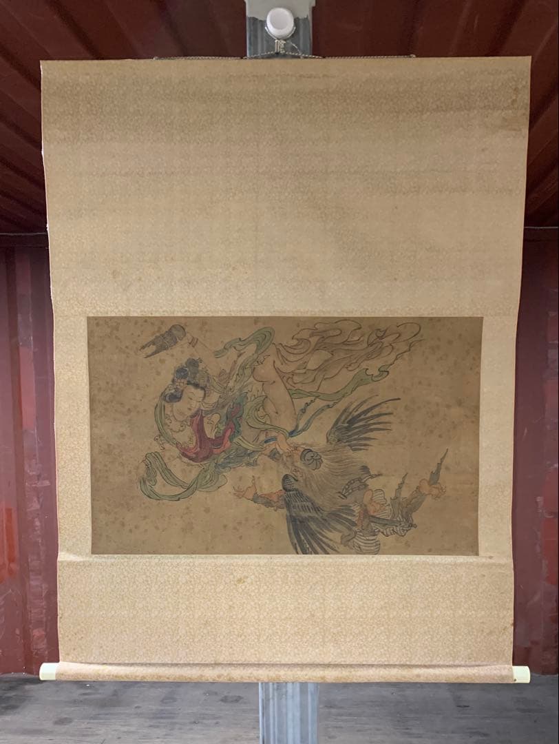 『X6449』『無落款 天狗に天女図』 日本画 江戸絵画 仏教絵画 掛軸