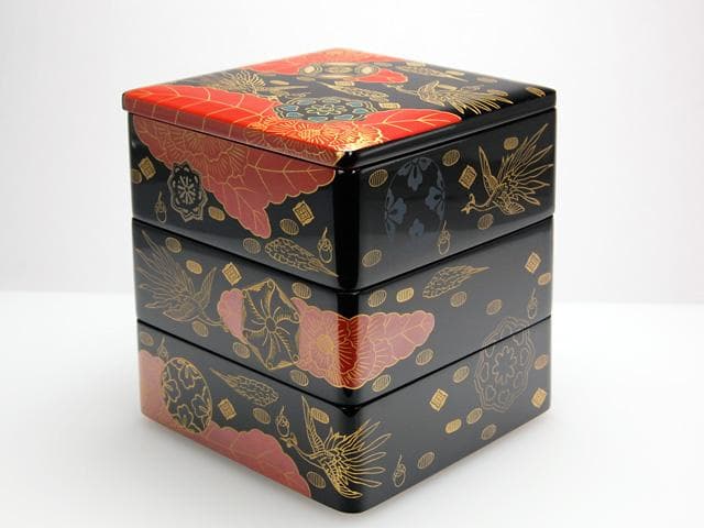 【美品】名店白木屋◇漆器◇重箱三段重◇天然木◇錦絵