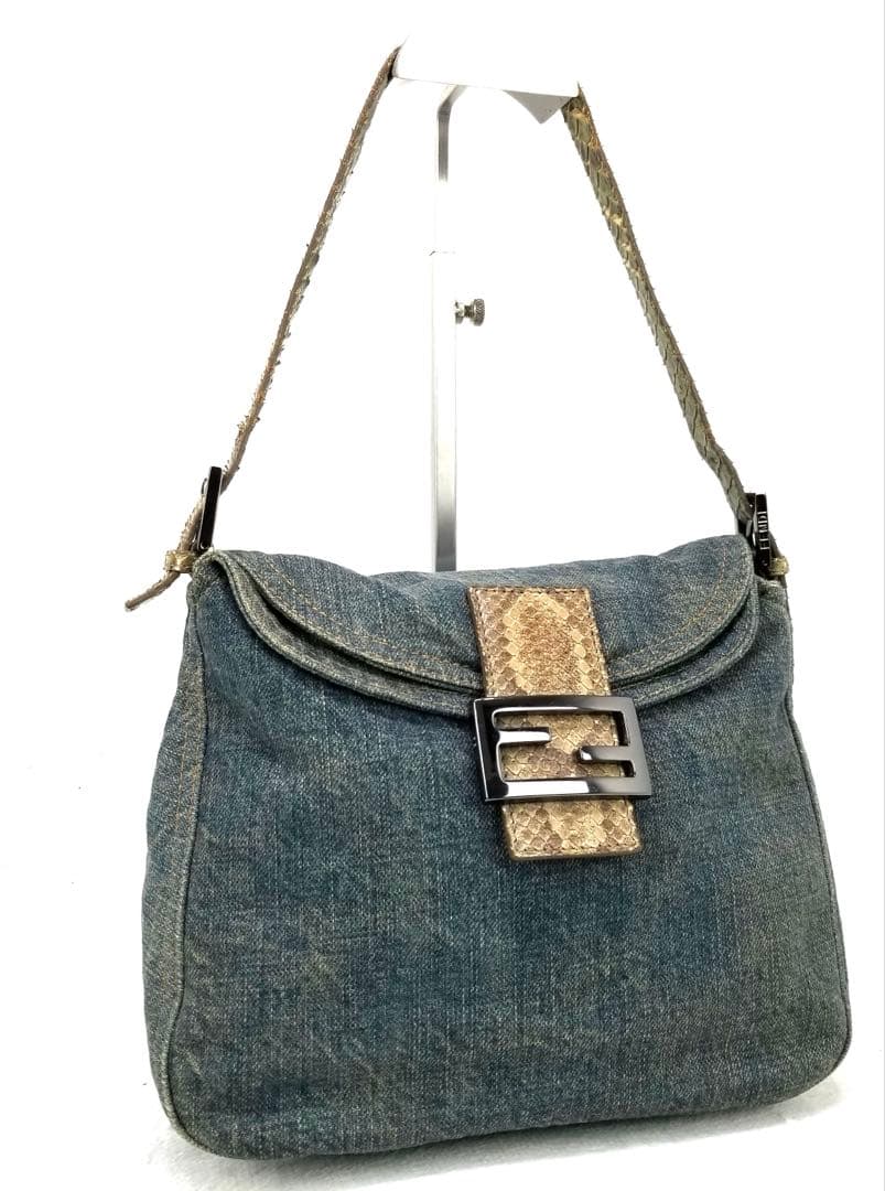 FENDI マンマバケット デニム×パイソン ショルダーバッグ　ミリタリグリーン
