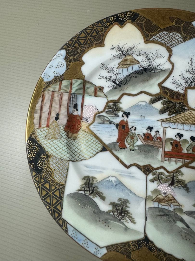 2132 明治時期　九谷焼　加賀亀田製　金彩  赤絵 人物文　皿　5客　時代物