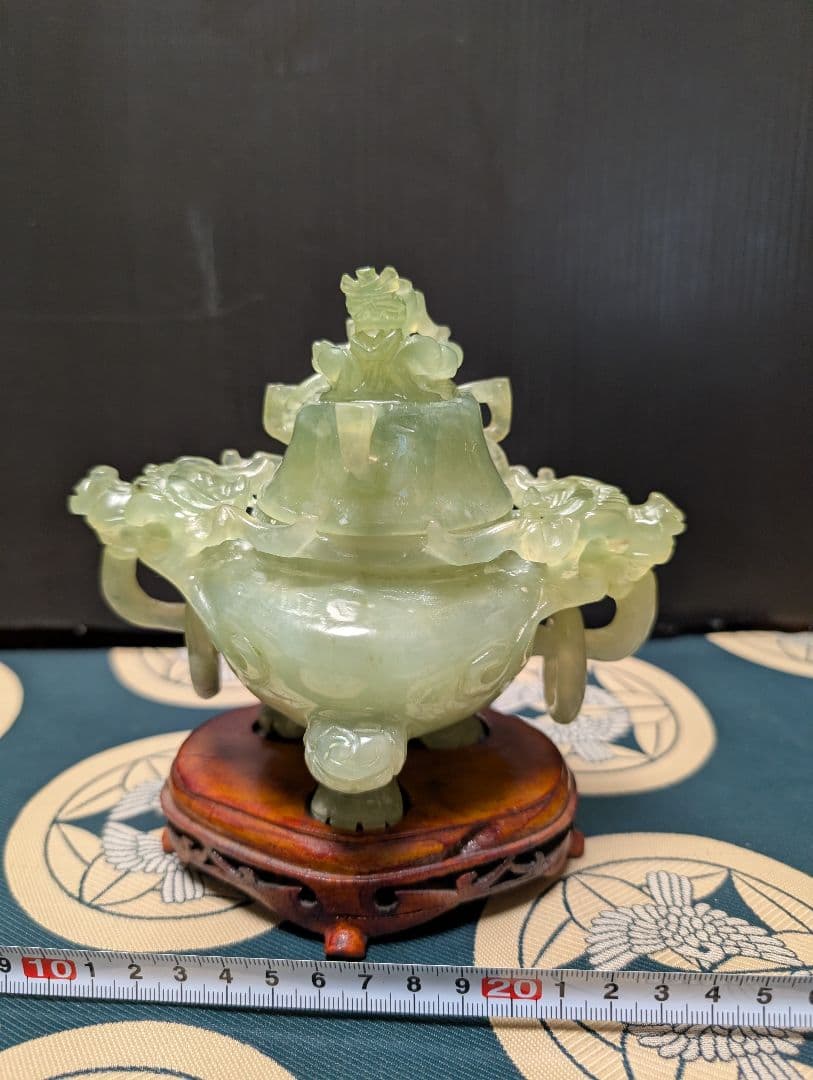 中国翡翠香炉 獅子装飾 置物 約10cm