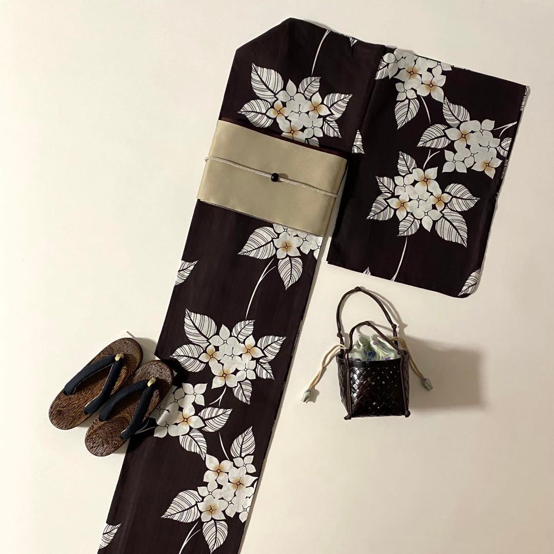 【浴衣4点セット】浴衣　半幅帯　かごバッグ　下駄　あじさい　紫陽花　焦茶　夏日記
