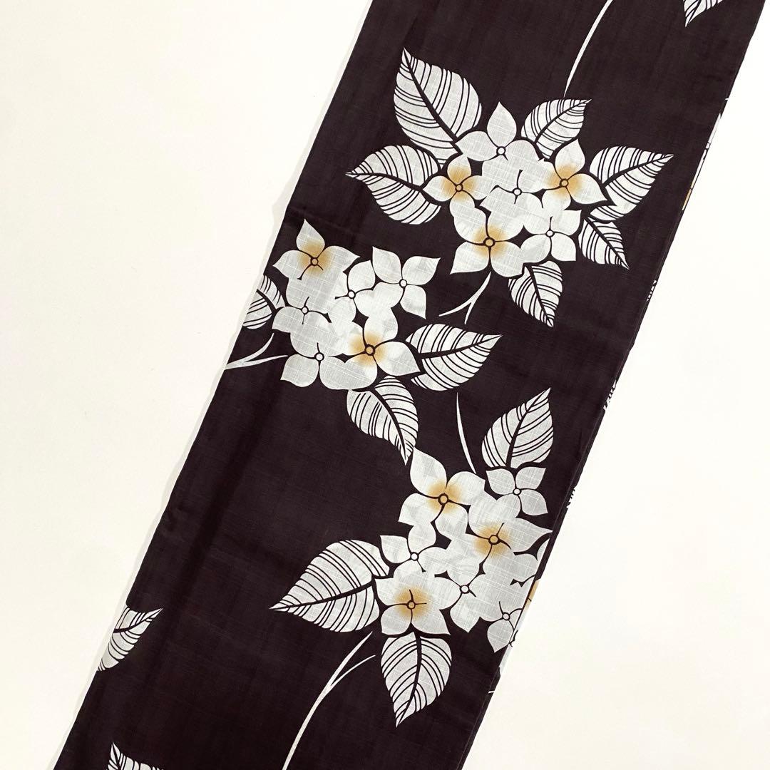 【浴衣4点セット】浴衣　半幅帯　かごバッグ　下駄　あじさい　紫陽花　焦茶　夏日記