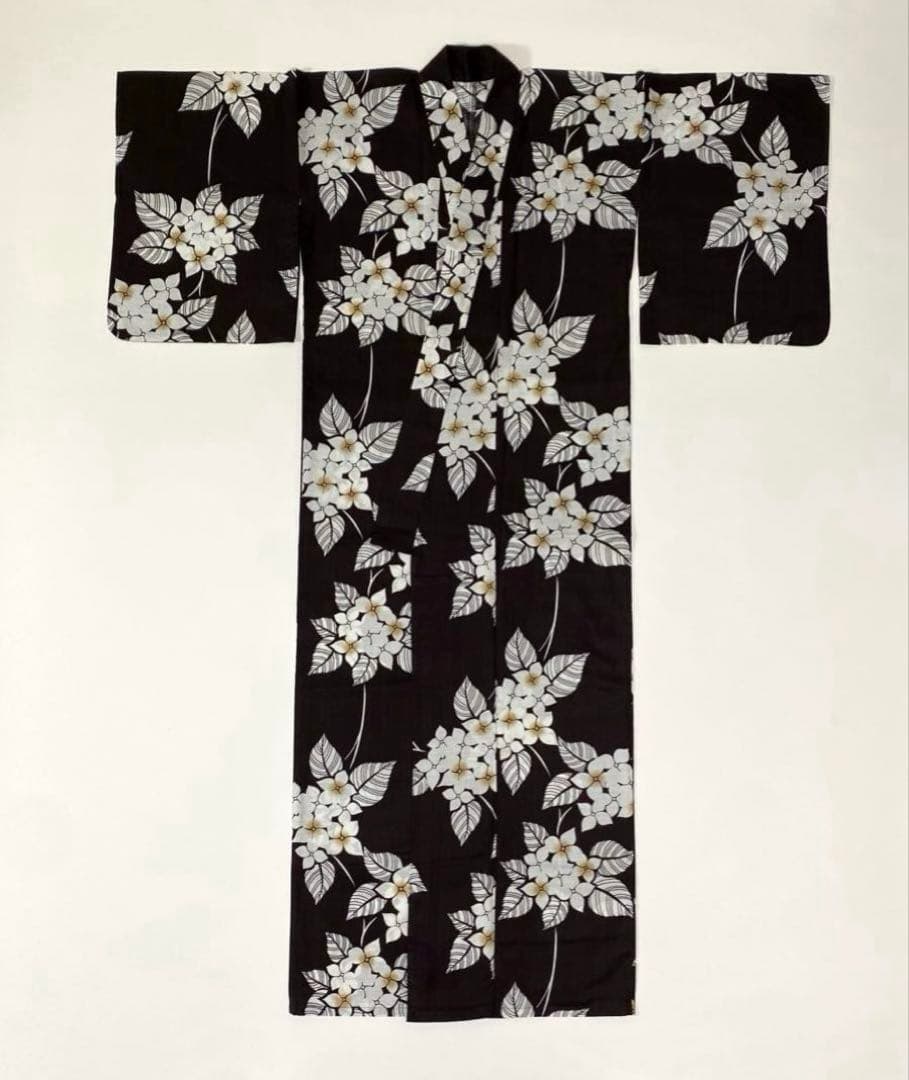 【浴衣4点セット】浴衣　半幅帯　かごバッグ　下駄　あじさい　紫陽花　焦茶　夏日記