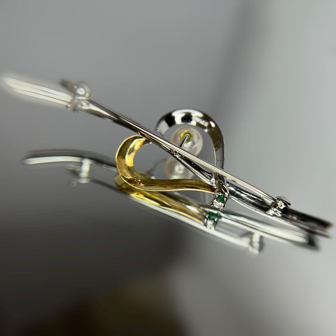 K18ゴールド+シルバー+天然海水真珠パールakoyaあこや+エメラルドブローチ