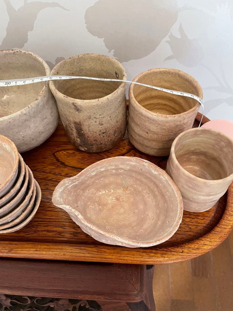 未使用　萩焼　茶道具セット 20点 陶器・木製茶托　 おぼん　トレイ　まとめ売り