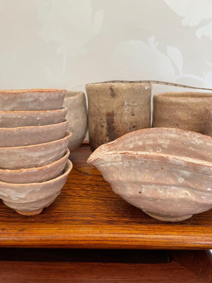 未使用　萩焼　茶道具セット 20点 陶器・木製茶托　 おぼん　トレイ　まとめ売り