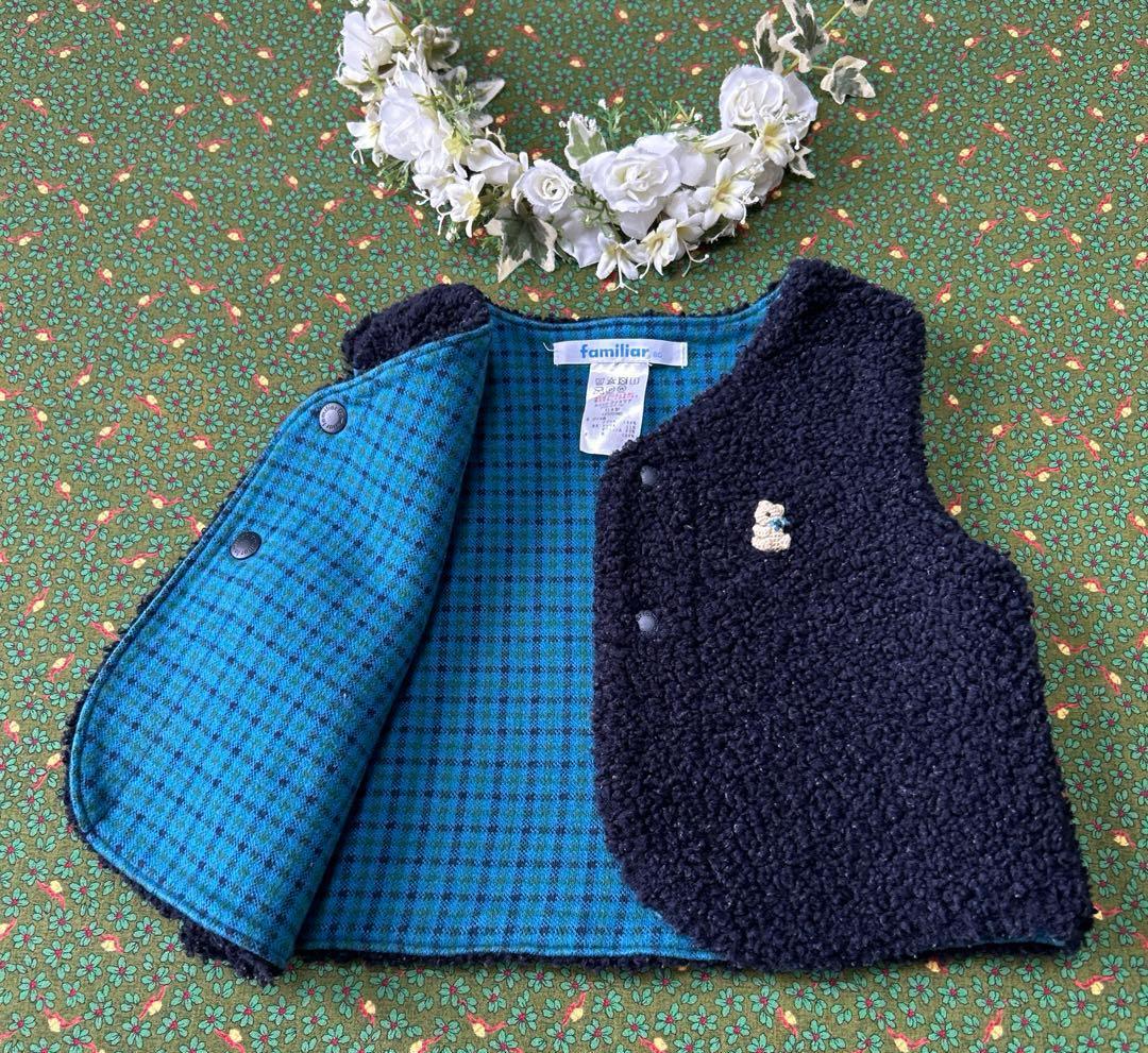 ファミリア セット チェック くま カーディガン ベスト ロンTレギンス 80
