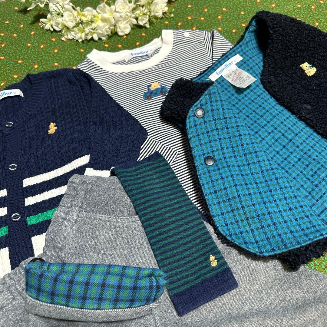 ファミリア セット チェック くま カーディガン ベスト ロンTレギンス 80