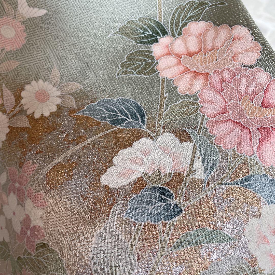 訪問着+長襦袢　フルセット　四季草花　綸子　繊細な中の豪華さ　金彩加工　H5