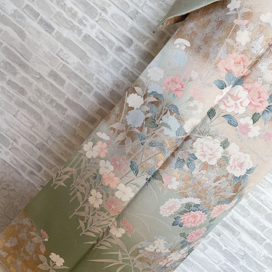 訪問着+長襦袢　フルセット　四季草花　綸子　繊細な中の豪華さ　金彩加工　H5