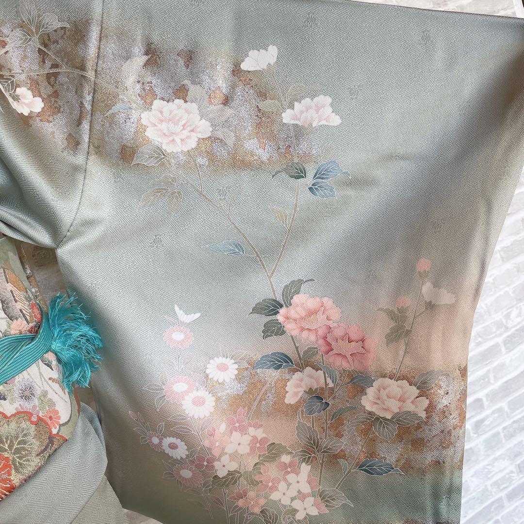 訪問着+長襦袢　フルセット　四季草花　綸子　繊細な中の豪華さ　金彩加工　H5